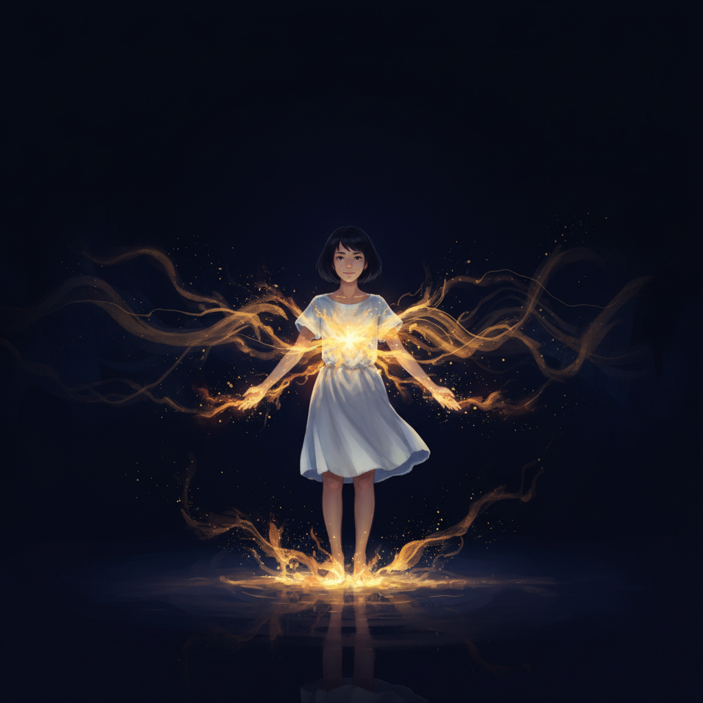 Young woman standing in vast darkness, golden light radiating from within — you become the light that found its way out