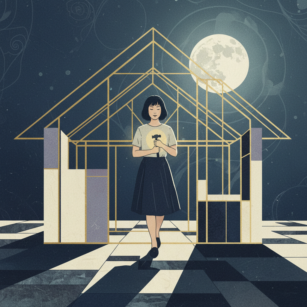A woman carrying a glowing hammer beneath a symbolic roof