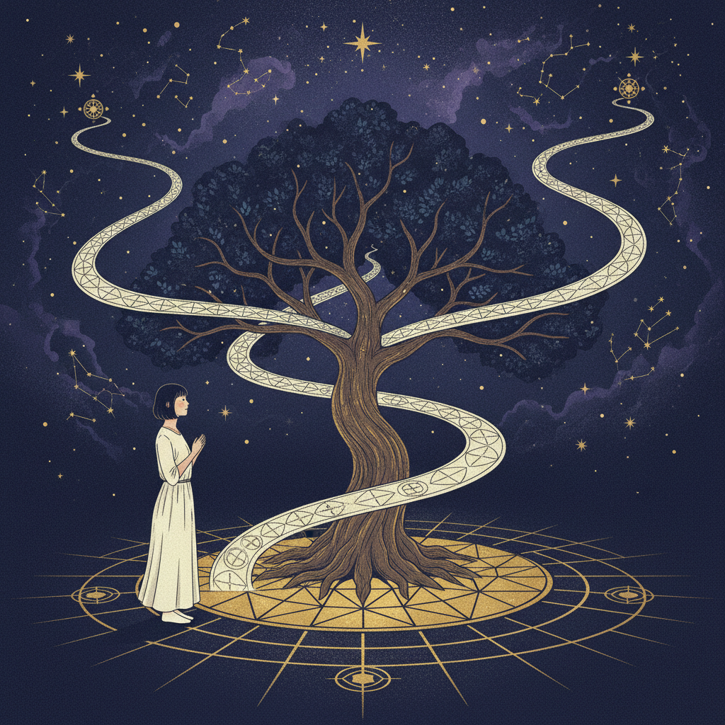A tree growing from golden stones beneath a star-filled sky