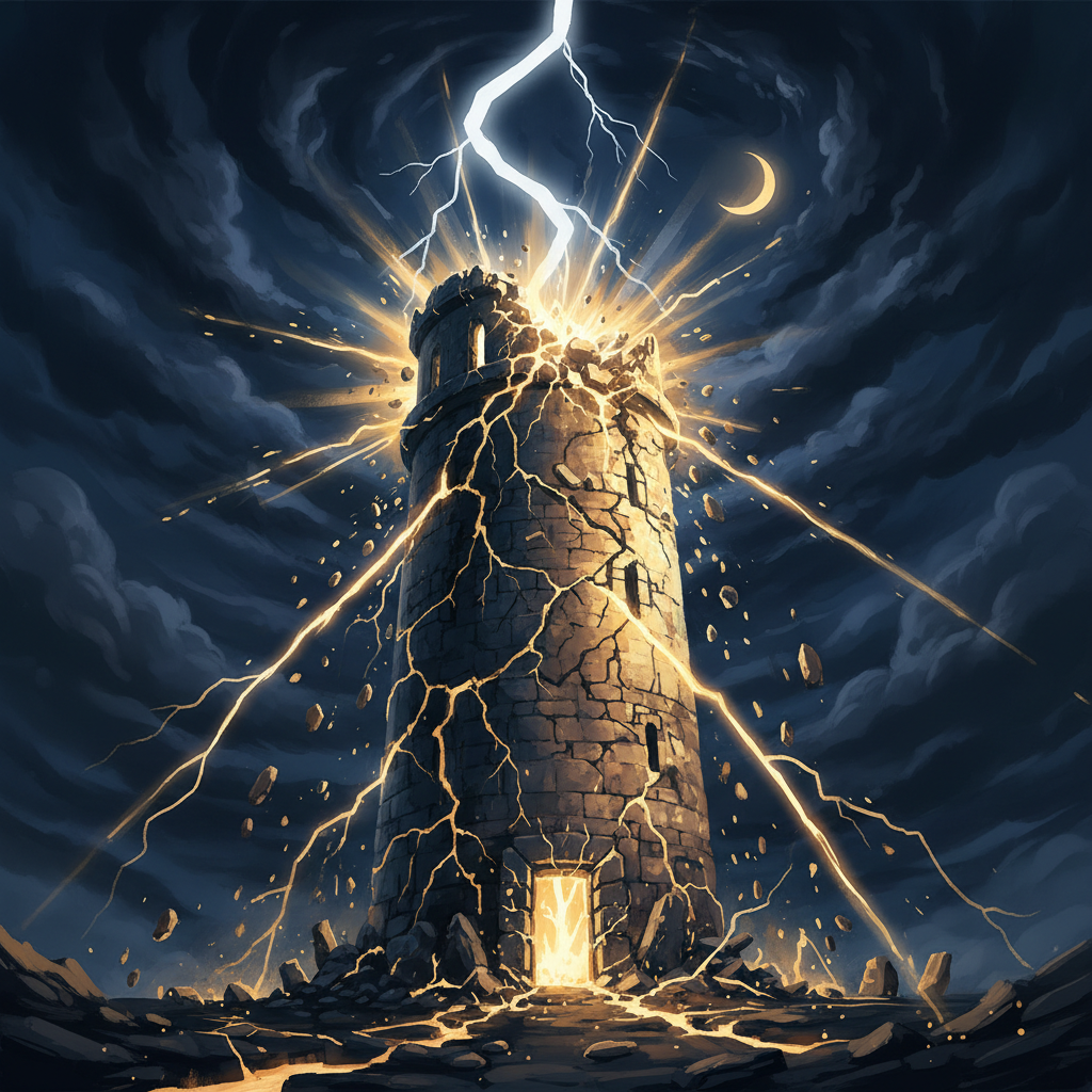 The Tower releasing golden light — lightning as liberation, not destruction