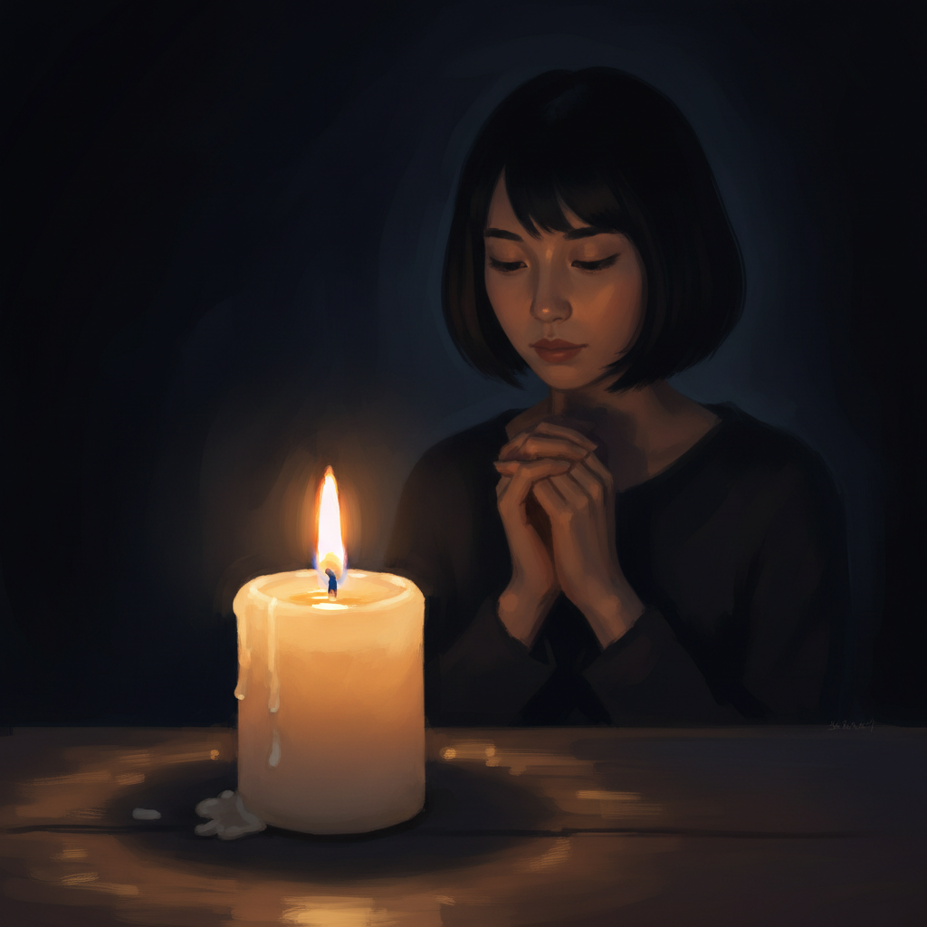 Single candle flame in winter darkness — the light that holds through the longest night
