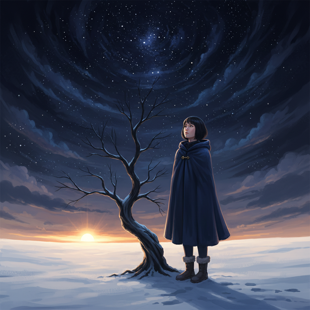 Winter solstice — the bare tree under a vast dark sky, the sun at its lowest arc on the horizon