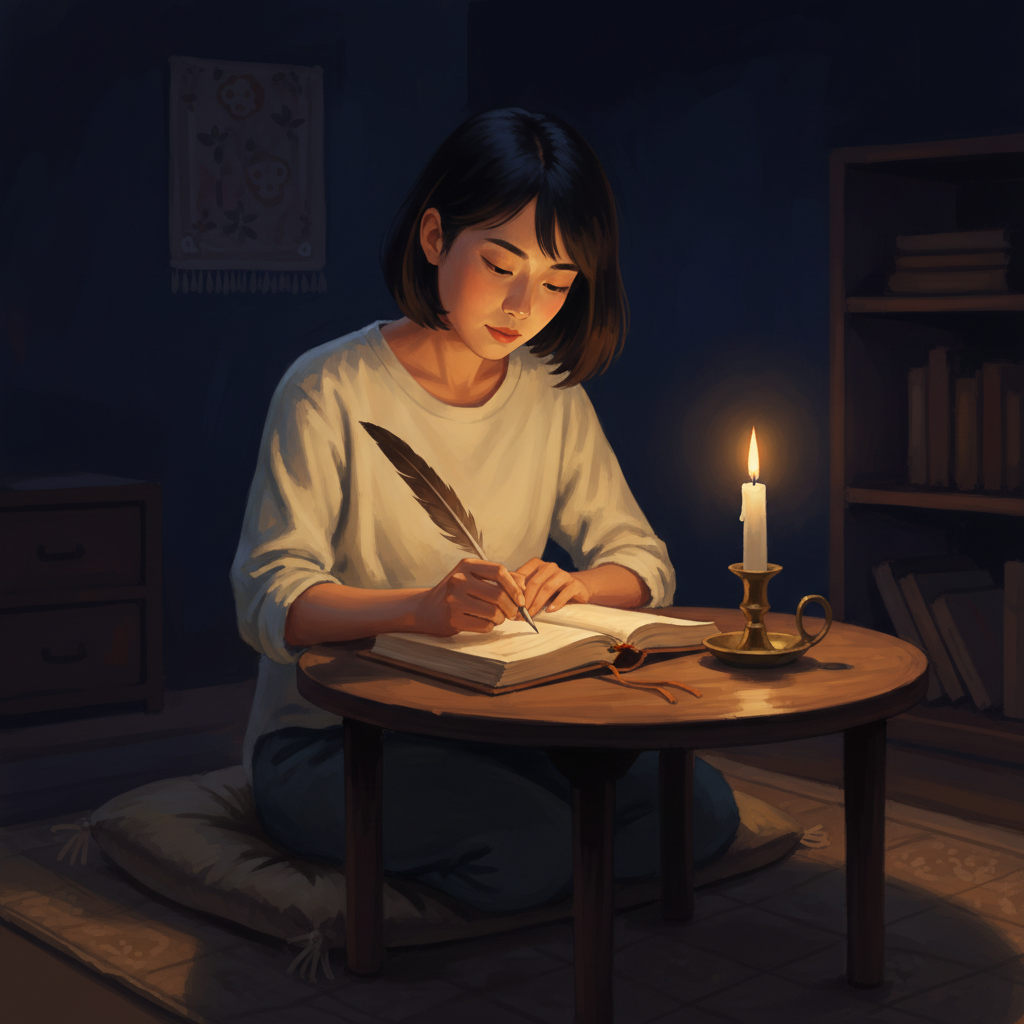 Woman writing by candlelight in the dark — the inventory ritual of the winter solstice