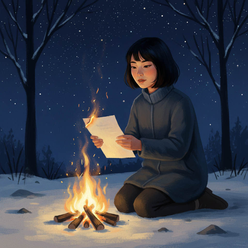 Woman burning pages by firelight — the release ritual, letting go with intention