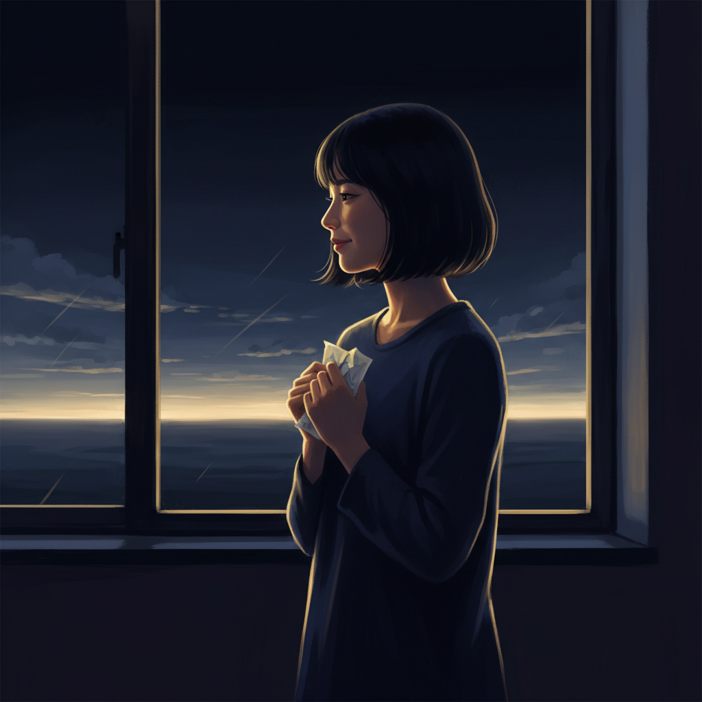 Woman holding her intention word at the window — the first light of dawn returning after solstice